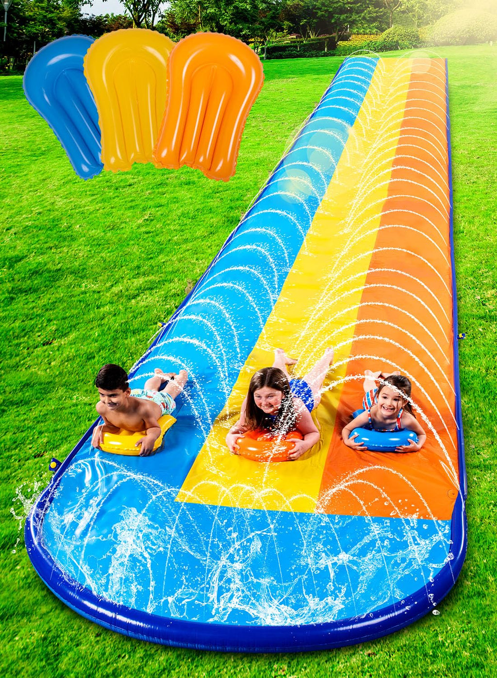 Sloosh 22.5ft Triple Water Slide and 3 Body Boards Backyard Lawn Water Slides with Outdoor Slip Sprinkler for Kids Adults Summer Water Fun Toy